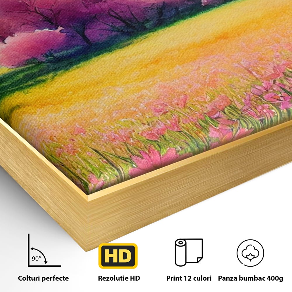 Detaliu al suprafetei: tablou canvas cu peisaj de primavara, in rama de aluminiu auriu
